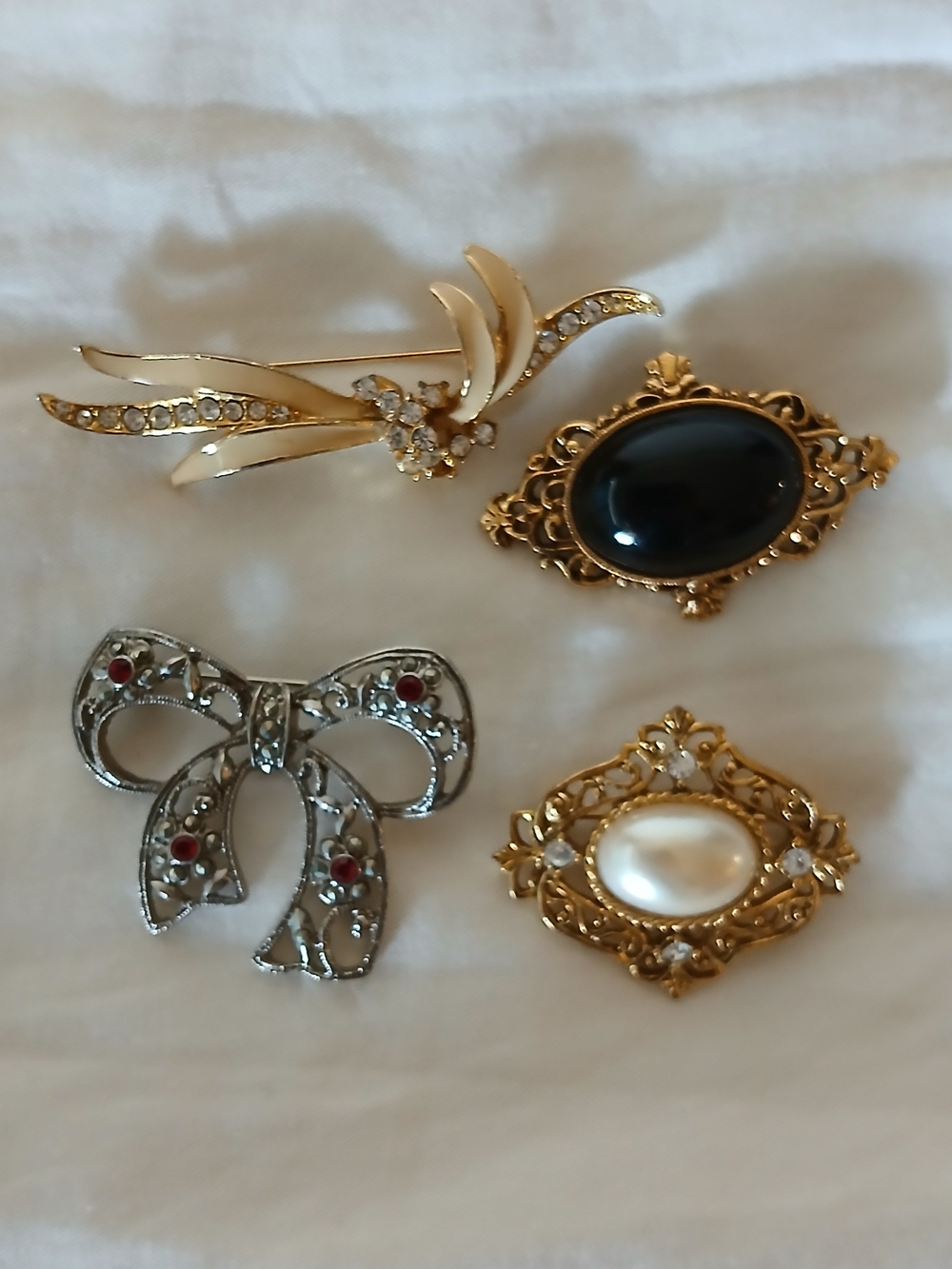 Gold, Silver and Pearl Vintage-Inspired Brooch Set